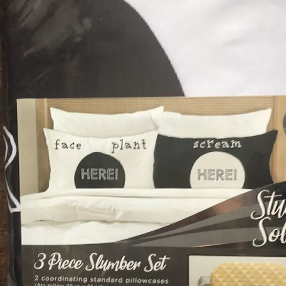 3 piece pillowcase set with bonus eye mask!Lettering Face Plant Here,Scream Here